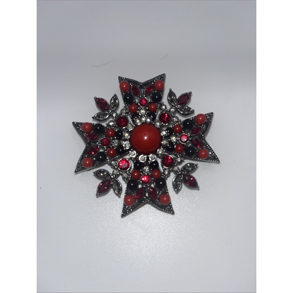 Joan Rivers Maltese Cross Red Black Faux Coral Starburst Statement Brooch Pin